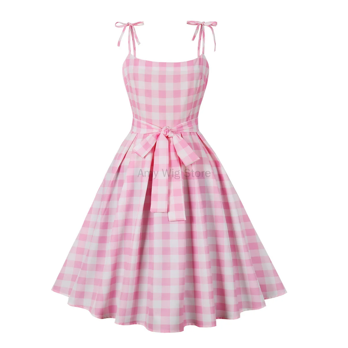 50s Pink Plaid Dress for Women Costumes 1950s Vintage Outfits Halloween Cosplay Prom Dress with Accessories Tea Dress