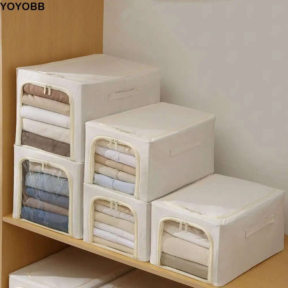 

Clear Window Steel Frame Storage Box Foldable Large Capacity Closet Clothes Storage Bins Dustproof Stackable Wardrobe Organizer