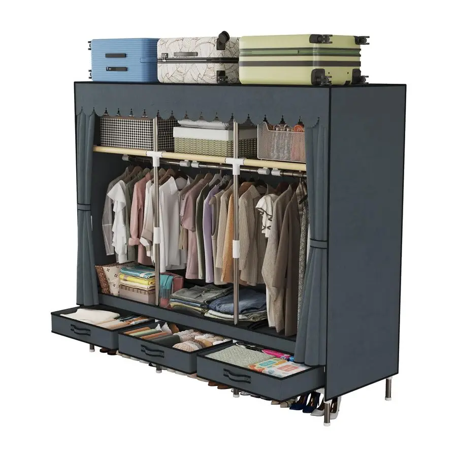 

Wardrobe, Freestanding Closet Hanging Organization, Metal Frame with Grey Fabric Cover, 3 Storage Compartments, 3 Hanging Rods,