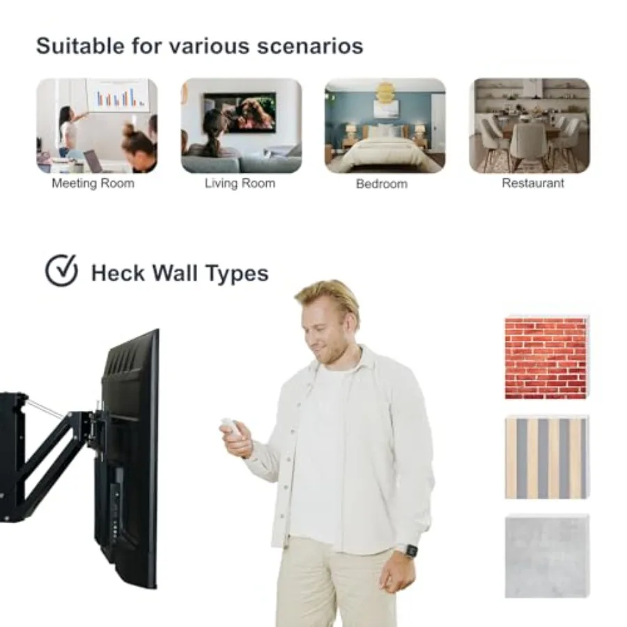 حامل تلفزيون على الحائط بمدفأة بمحرك لشاشات 32 إلى 75 بوصة حتى 88 رطلاً مع ميزة منسدل قابلة للتعديل للارتفاع مثالية ليفين