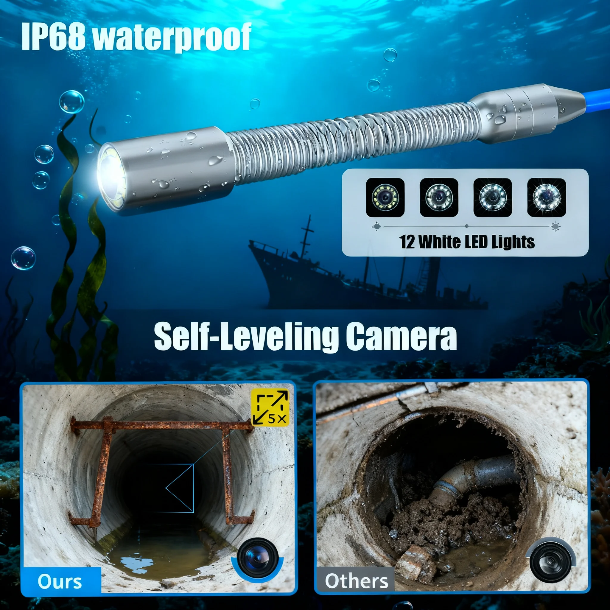 Sewer Inspection Camera - 512Hz Self-Leveling Sewer Camera with Meter Counter& Keyboard, HD IP68 Waterproof Endoscope Camera