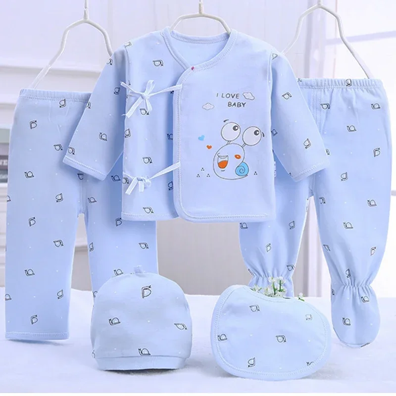 5Piece Sets Spring Baby Girl Boy Clothes Casual Cartoon Cute Print Long Sleeve Cotton Tops + Pants+ Hat Newborn Going Home Set