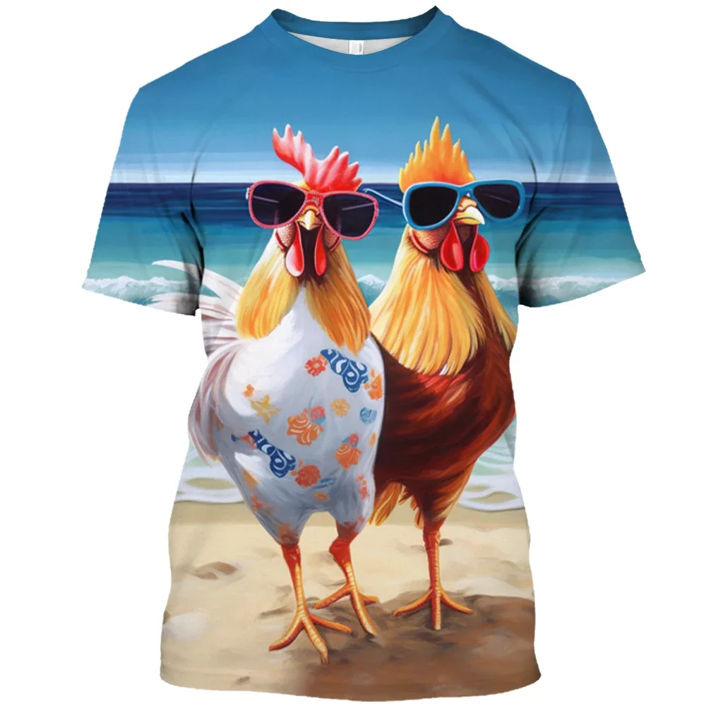 Fun T-shirt Animal American Chicken Print Men's And Women's Children's Clothing Fierce Beast Pattern Loose Street Thin Top Beach