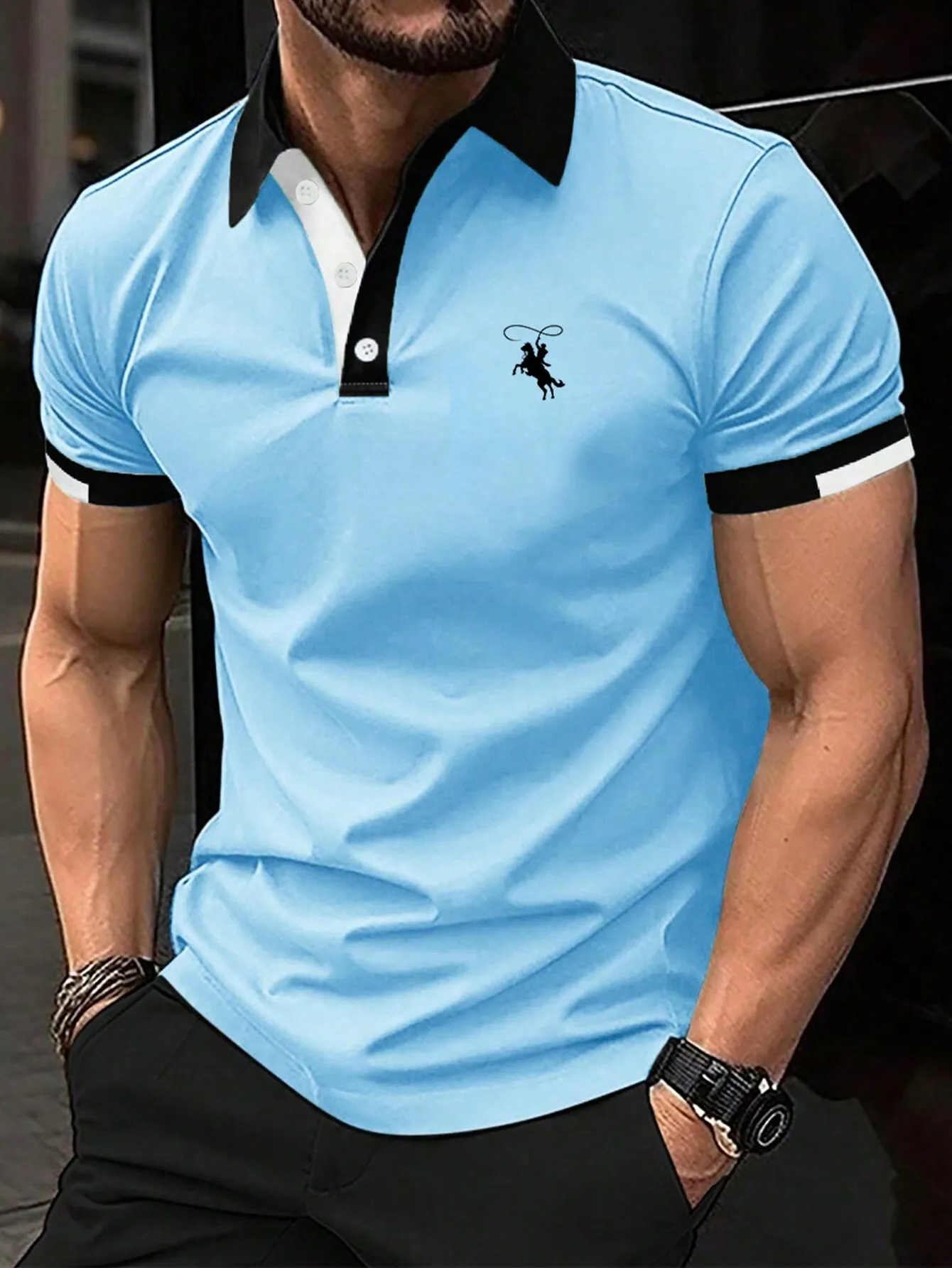 

Men's Light Blue Contrast Trim Polo Shirt with Rider Graphic