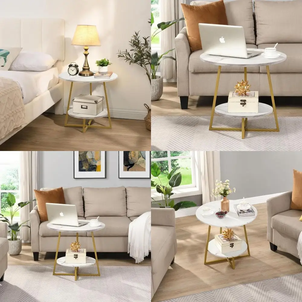 

Compact 2-Tier Round Side Table with Storage Shelf, White Marble Look/Gold, Ideal for Small Spaces