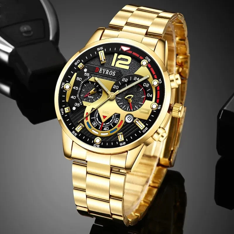 مجموعة DEYROS مكونة من 3 قطع فاخرة للرجال من الفولاذ المقاوم للصدأ، ساعة يد كوارتز عصرية للأعمال، ساعة رياضية كاجوال، سوار وقلادة