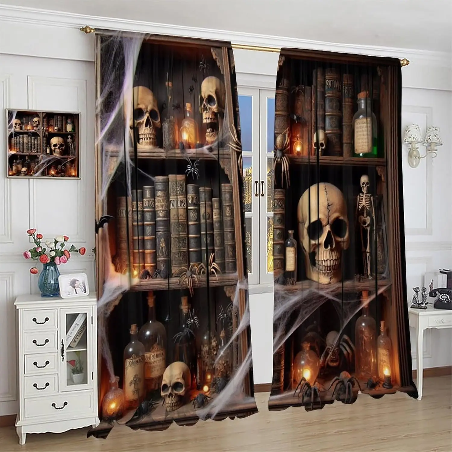 Gothic Bookshelf Curtain,Antique Bookcase Spooky Skull Magic Book Halloween Themed Decor Window Curtain,for Kids Teens Adults