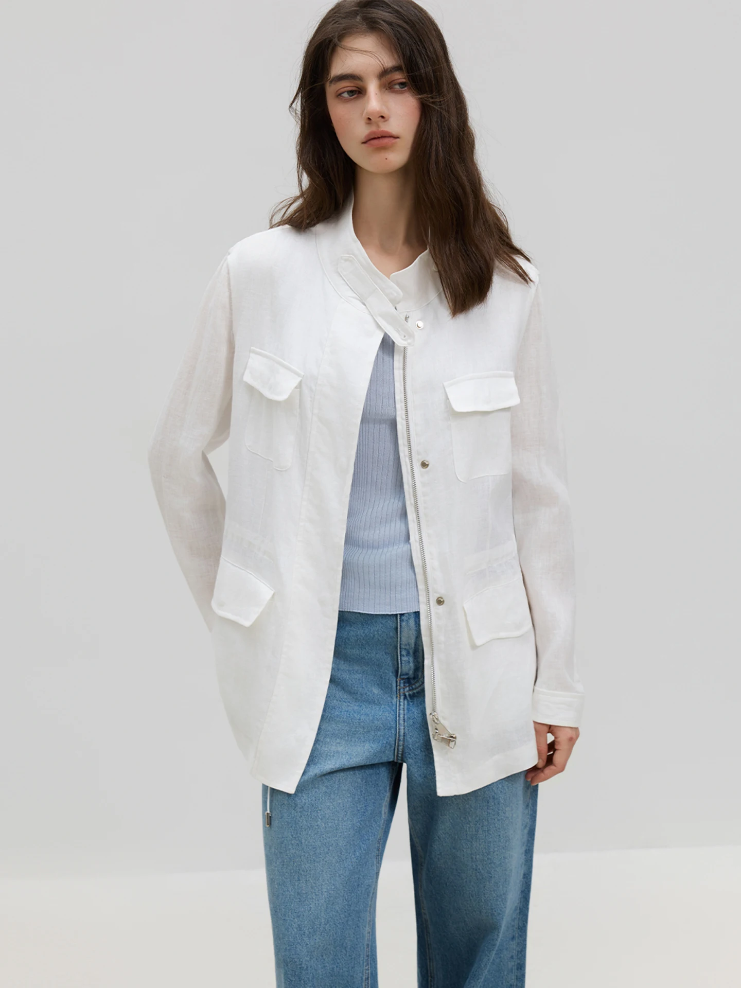 

LUR 100 Women's Linen Short Jacket Loose Casual Thin Stand Collar Sun Protection Top White Workwear Style Spring Summer