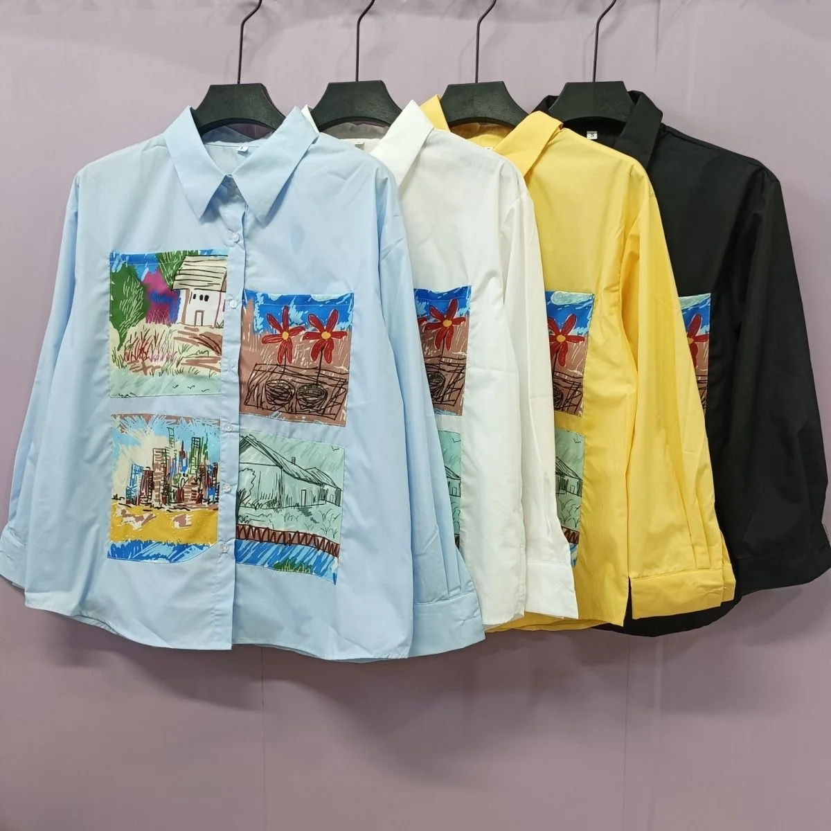 

European and American original unisex shirt illustration, sticker print design, long sleeved loose shirt, lightweight 2025 new