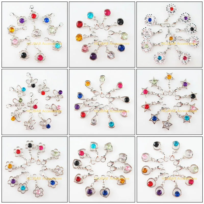 Fashion 20Pcs New Flower Heart Round Crown Teardrop Animal Butterfly Acrylic Dull Silver Plated Pendants With Clasp