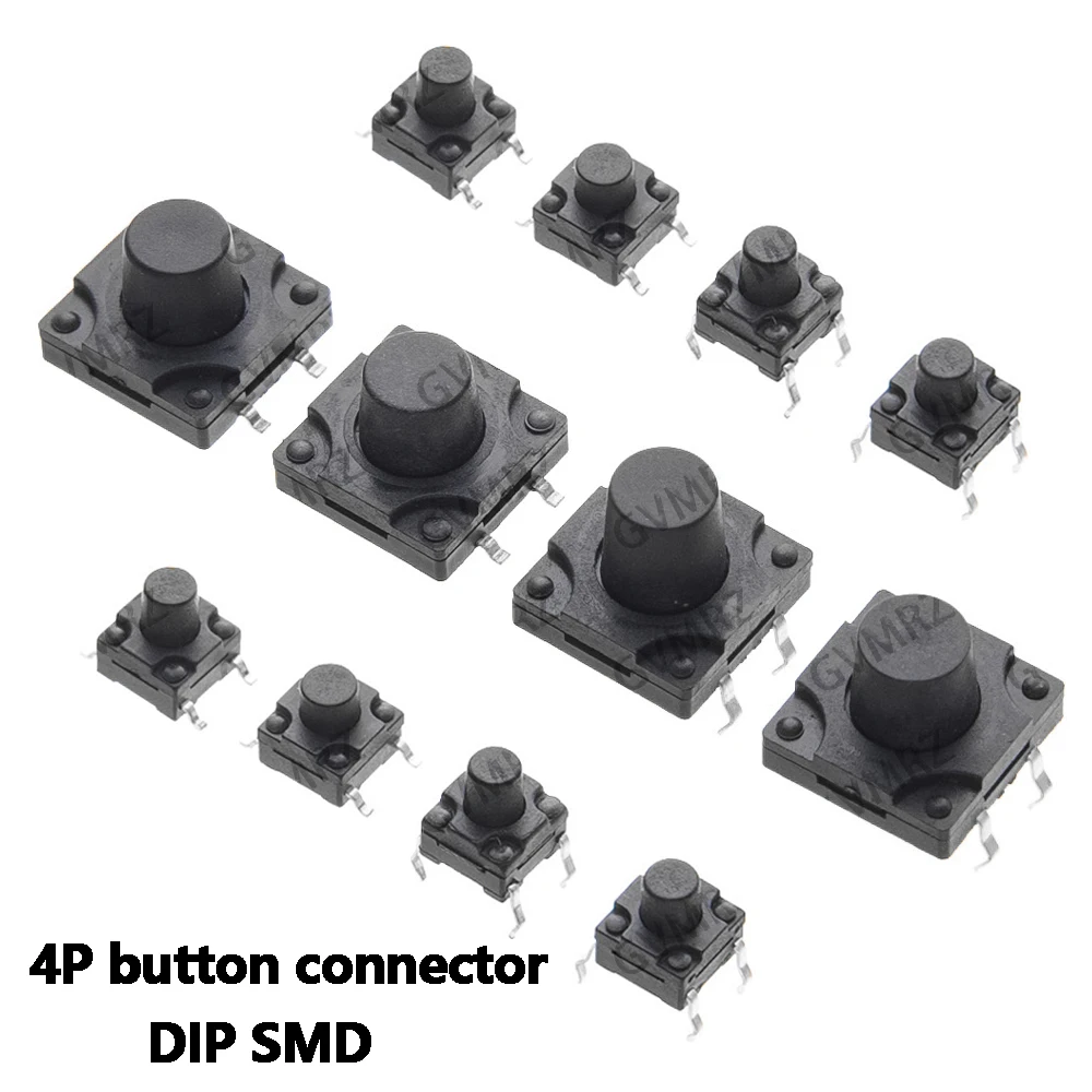 10PCS 10.5/11/12mm waterproof button switch pin DIP SMD plug 4P button connector 12*12*6/7/8/8.5/9/10 Dustproof tactical switch 