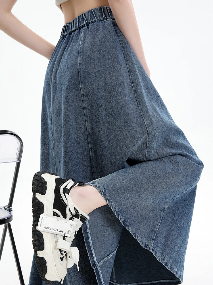 Long Denim Skirt Women 2024 Spring Summer New Arrivals High Elastic Waist A Line Jeans Skirts Korean Fashion Casual Blue Skirts