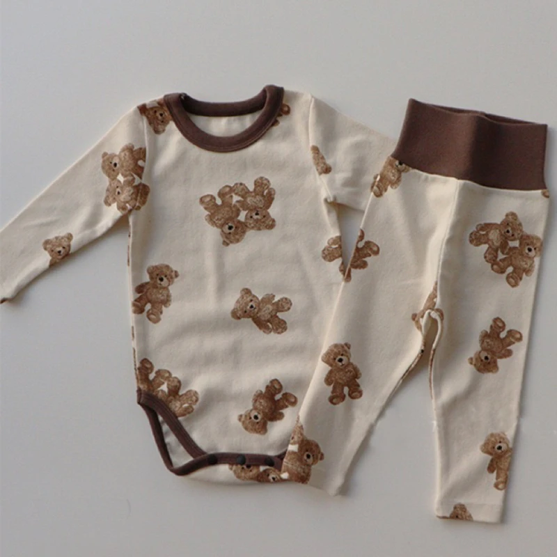 Newborn Infant Cute Bear Print Tracksuit Kids Toddler Boys Girls Suit Baby Clothes 2PCS Kids Pajamas Set Homewear Tops Pants Set