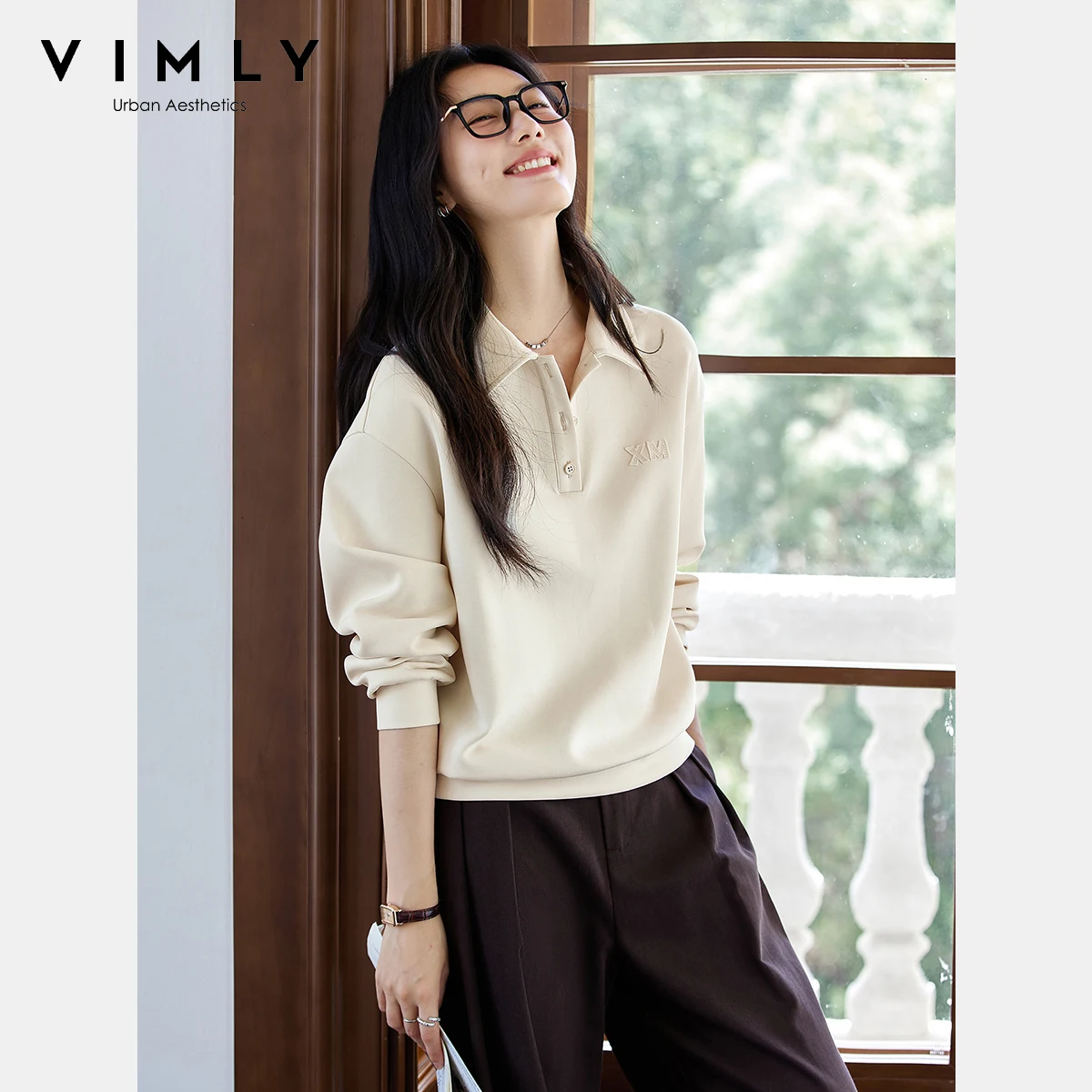 VIMLY Sweater Woman Letter Embroider Apricot Autumn 2025 Casual Long Sleeve Tops Sporty Knitted Loose Sweatshirts Female A2126
