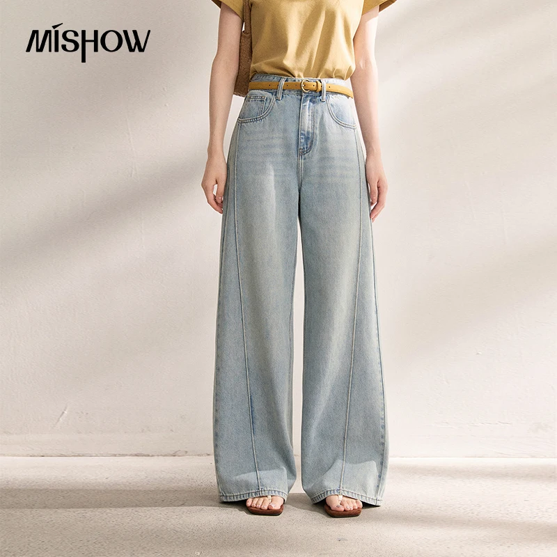 

MISHOW 2026 Summer New Women High Waist Straight Leg Jeans Long Floor Length Slim Drape Casual Loose Denim Pants MXF14K1207