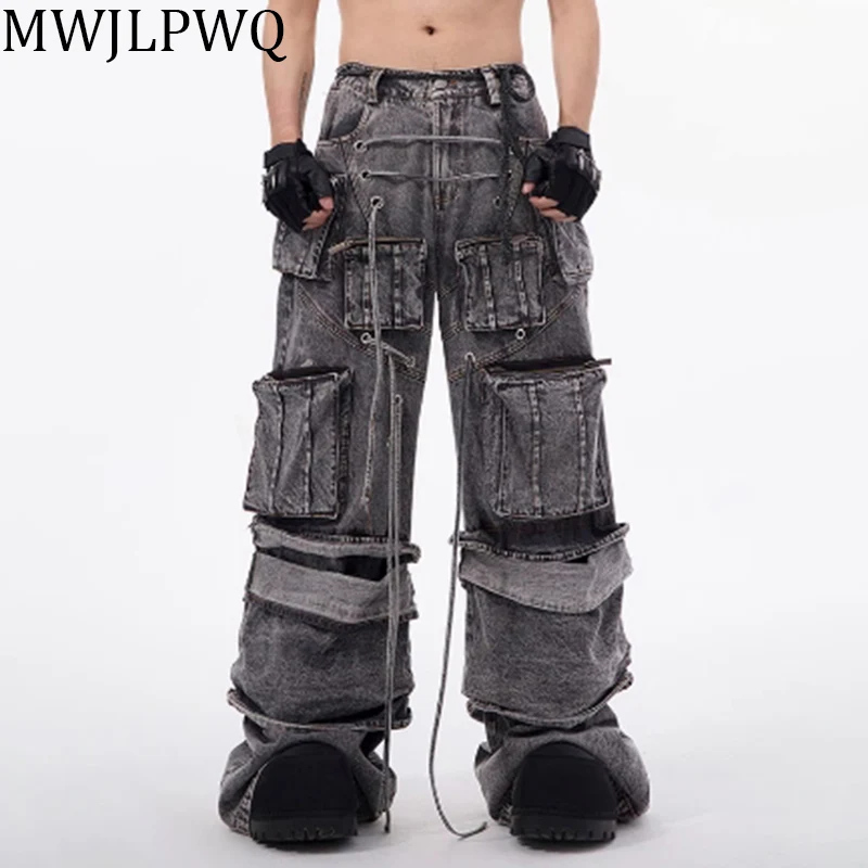 

MWJLPWQ Structure Jeans Men's Three-dimensional Multi Pocket Streetwear American Summer Distress Stringing Cargo Pants 010789