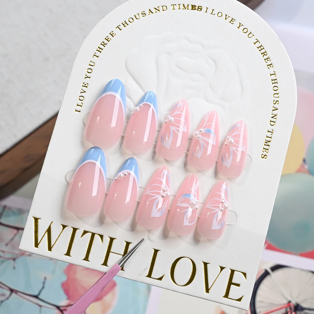 24Pcs French Blue Edge White Flower Press On Nails with 3D Pearls Short Almond Fake Nails Fashion Women Wearable False Fingertip