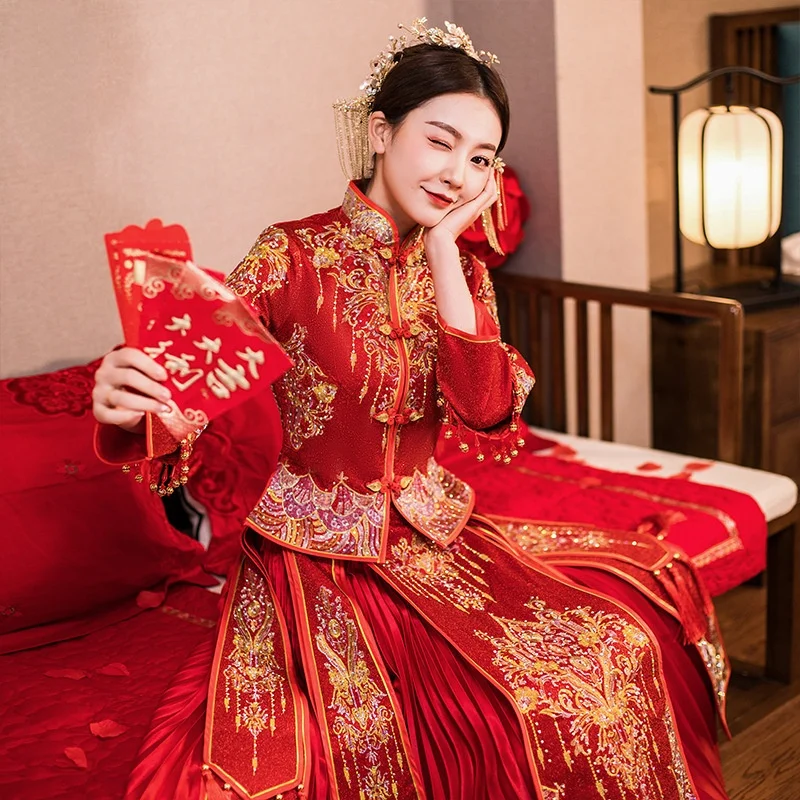 Bridal Wedding Dress Chinese Style Gown Plus Diamond Show Starry Robes Women Cheongsam Lage Size 4XL 5XL 6XL