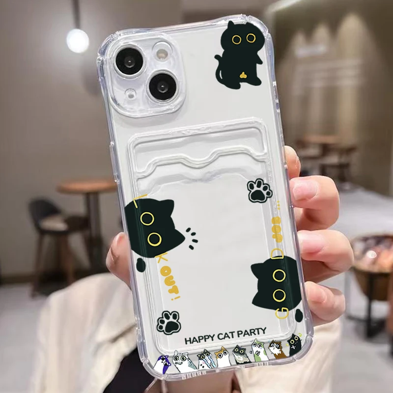 Image of Niedliche Schwarze Katze Transparente Handyhülle für iPhone 17 16 15 14 Pro Max 13 12 11 XS X 7 8 Plus 16e 17e mit Kartenhalter und Tasche