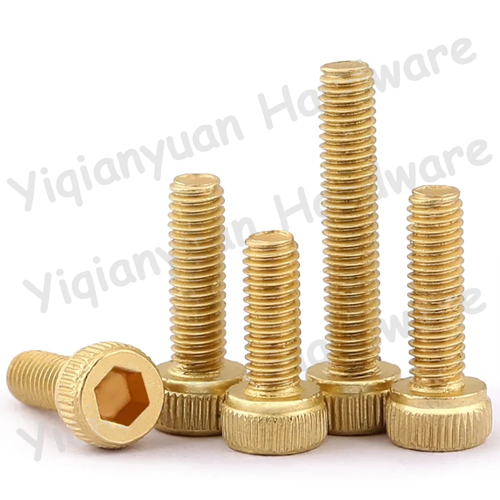 Yiqianyuan DIN912 M2 M2.5 M3 Pure Brass Hexagon Socket Knurled Cap Head Screws Allen Key Bolts Full Threaded Coarse Thread