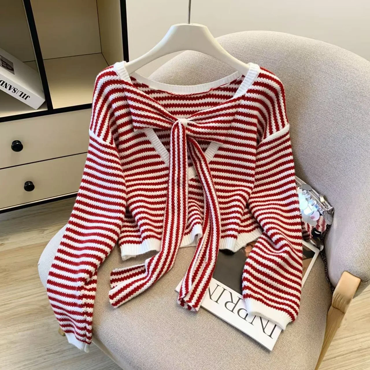 

Stunning Knot Design Knitted Sweater Women's Autumn Winter Sweet Spicy Color Blo Striped Top Ele Faionable