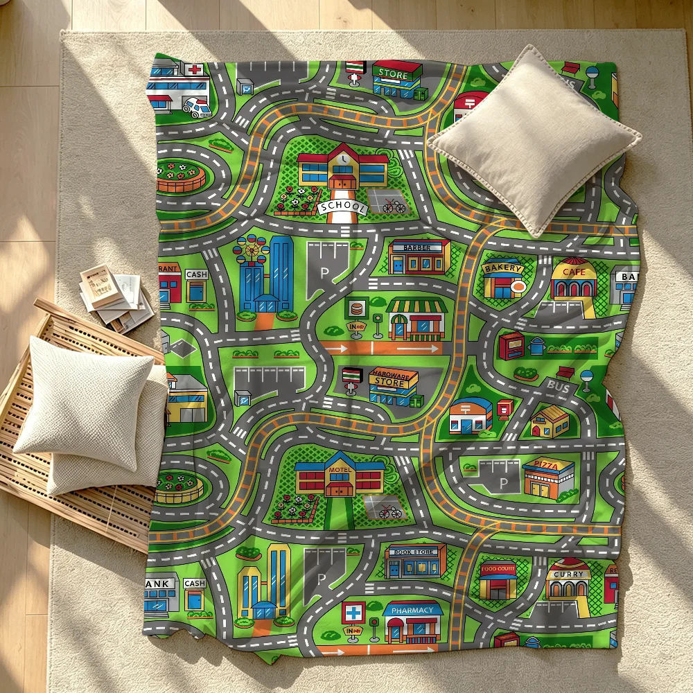 Cartoon City Street Map Children Blanket Soft Warm And Thick Perfect For Bedroom Living Room Bed Sofa Camping Picnic Office Gift