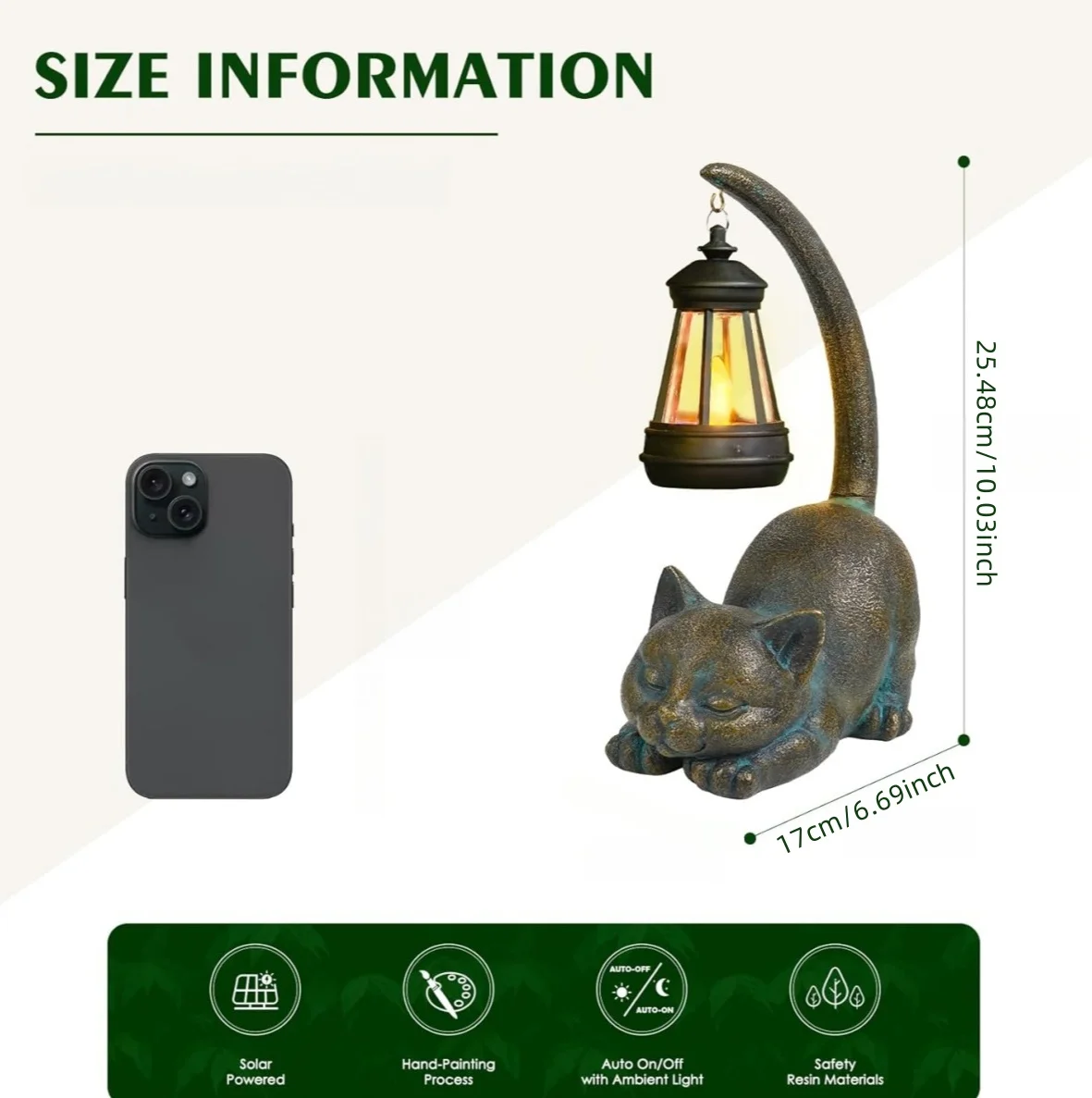 Outdoor Garden Solar Statue Light, Garden Solar Cat Statue Light, Solar Resin Cat Lying on the Ground Tail Lantern Statue Light