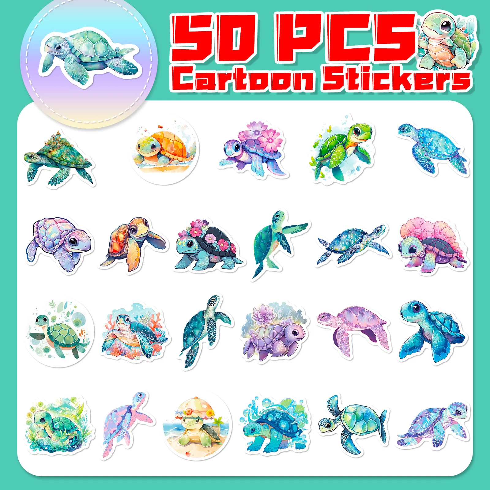 50PCS Colorful Sea Turtle Cartoon Graffiti Stickers Phone Guitar Laptop Notebook Suitcase Cup Waterproof Sticker Decals Kids