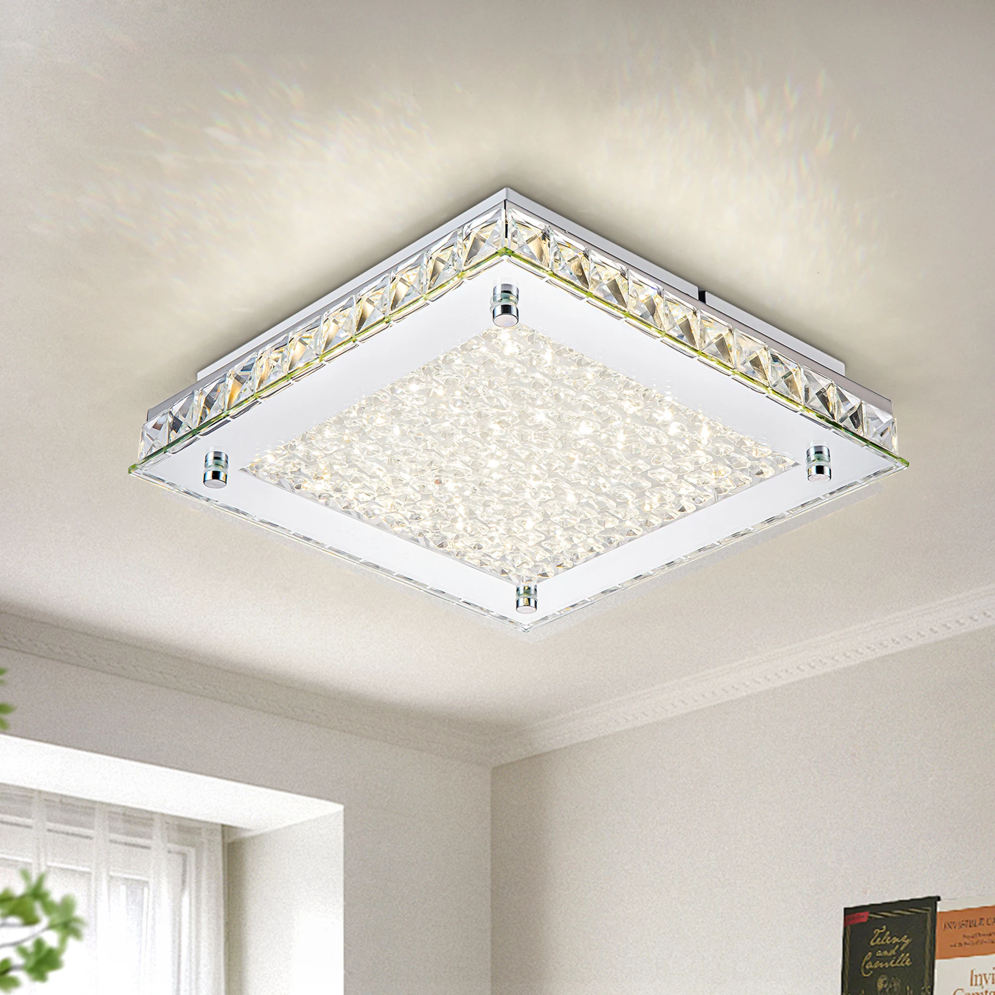 

Flush Mount Ceiling Light Dimmable 4000K LED Crystal Light Fixtures Ceiling Mount 14in Bedroom Lights for Ceiling