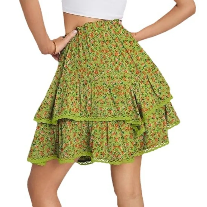 Casual Fashion Floral Bohemian Style Skirts High Waist Loose Layered Skirts for Women Summer Pleated Print Tennis A-line Skirt