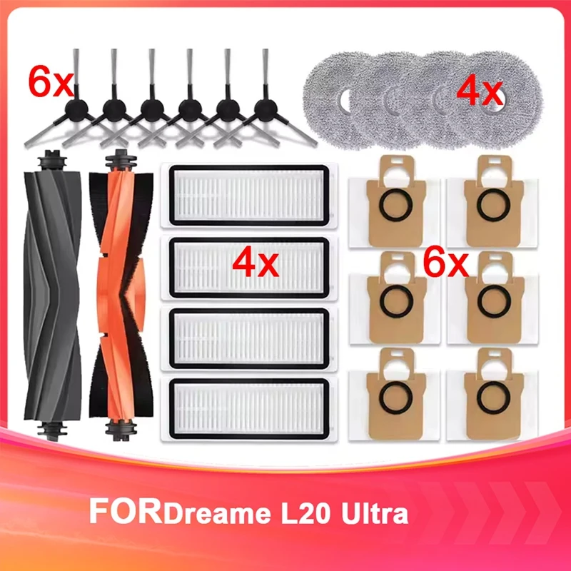 

ABBO-For Dreame L20 Ultra Robot Vacuum Spare Parts Rubber Main Side Brushes Mop Cloths HEPA Filters Dust Bag Accessories