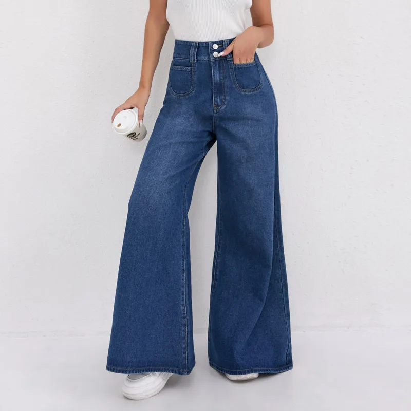 ANJY Spring Autumn New Women Trend High Waisted Double Button Solid Color Loose Wide Leg Jeans Vintage Washed Denim Pants A25409