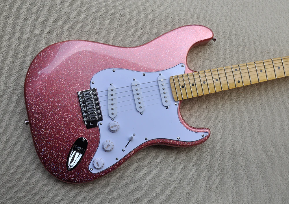 6 Strings Sparkle Pink Electric Guitar with SSS Pickups,Yellow Maple Fretboard