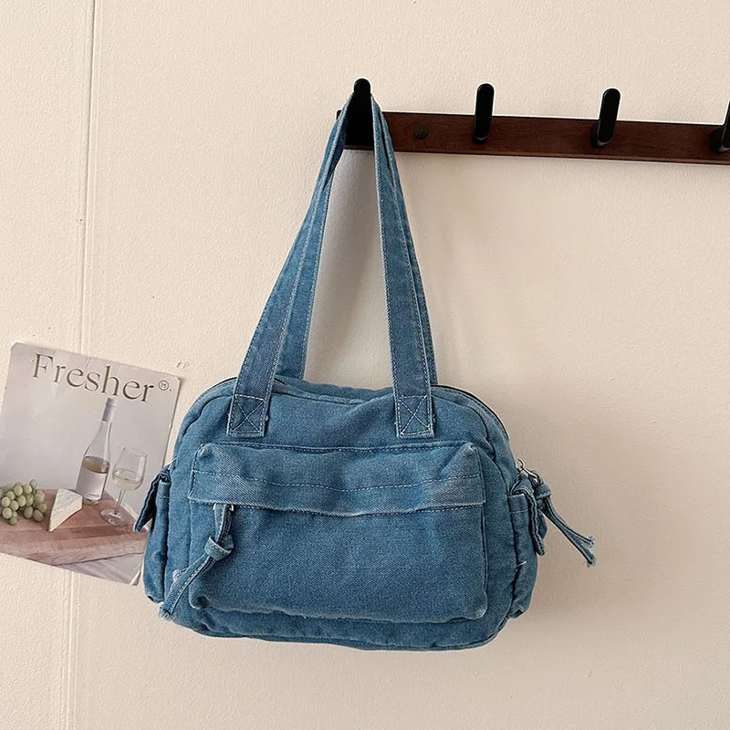 

Модная винтажная джинсовая сумка-тоут для женщин, весенняя сумка через плечо, повседневная, удобная и универсальная, с текстурой, для хранения вещей