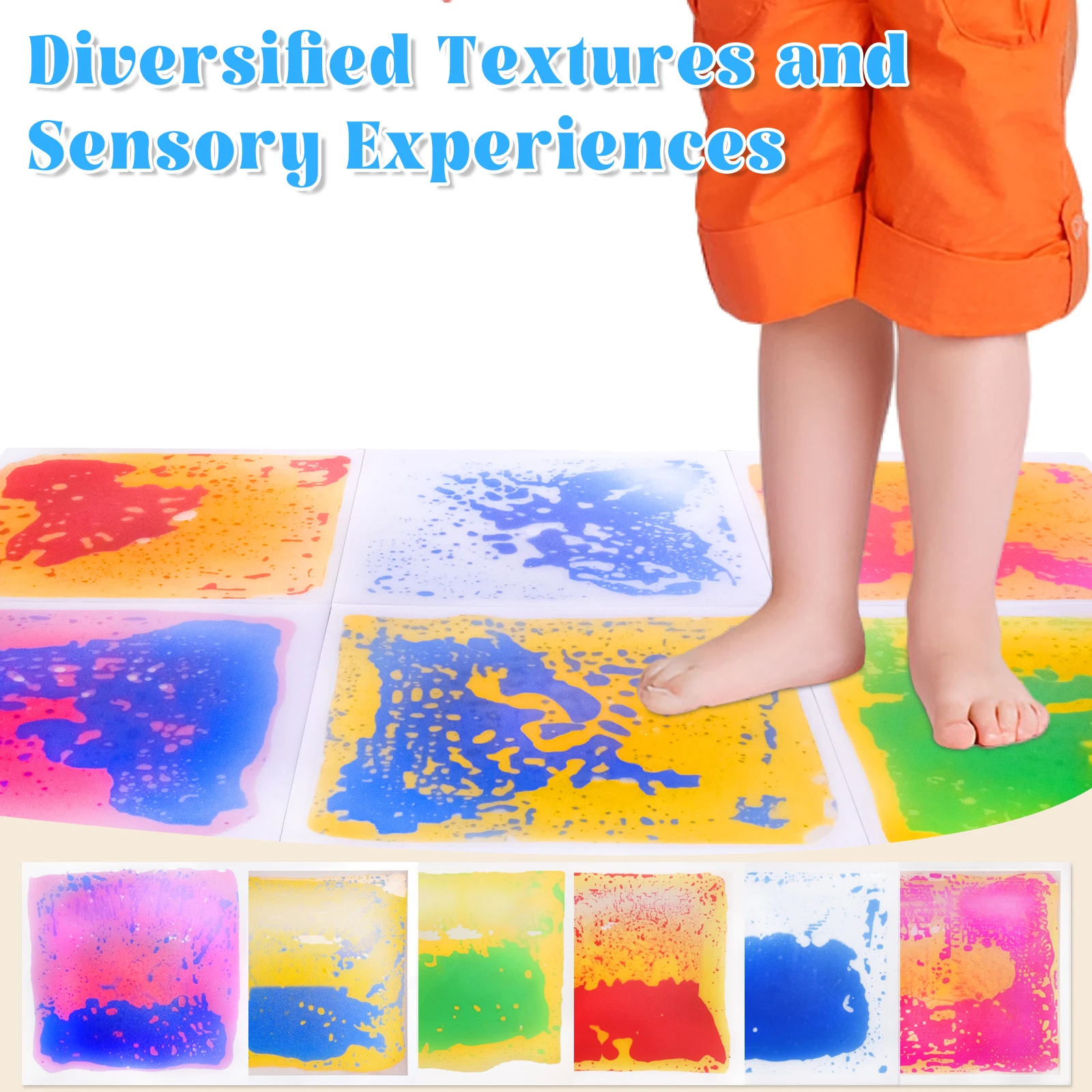 Immersives Erlebnis, sensorischer Flüssigkeitsboden für Kindertagesstätten, Spaß, sensorische Squish-Fliesen, farbige sensorische Quadrate, 6 Stück