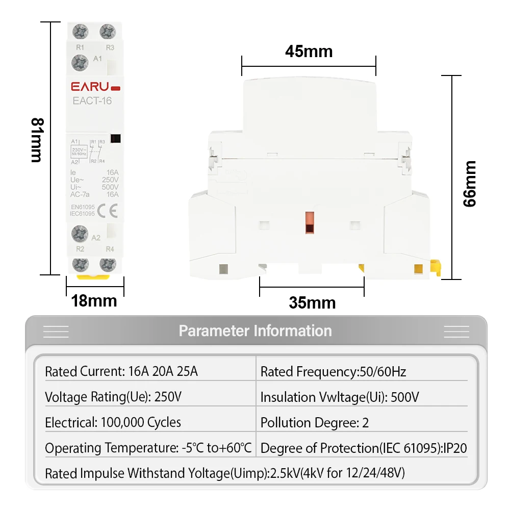 2P 16A 20A 25A  1NO 1NC 2NO 2NC AC 220V 230V 50/60Hz Din Rail Mounted Household Modular AC Contactor for Smart Home House Hotel