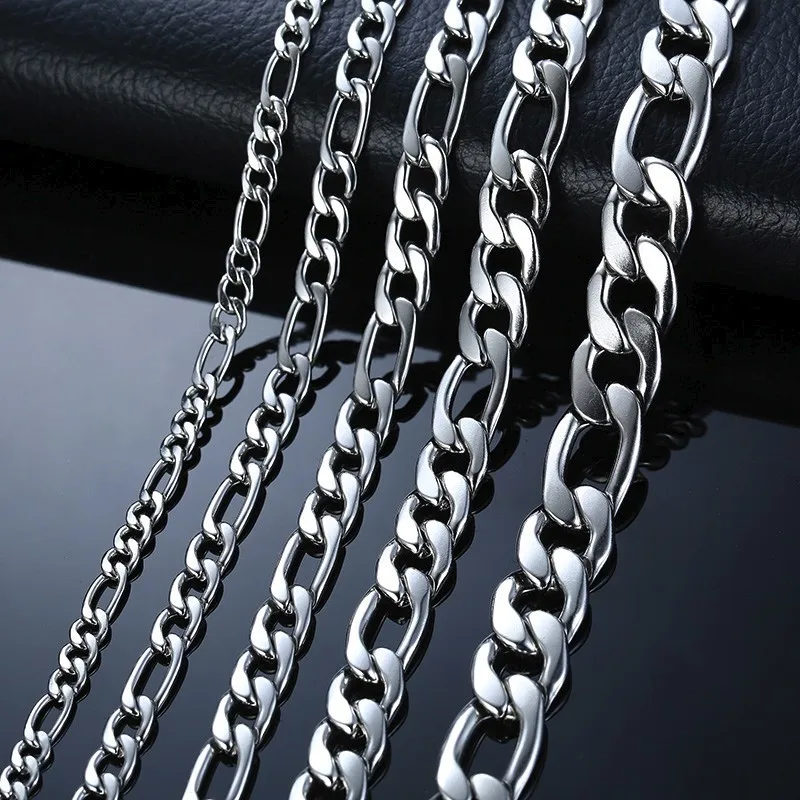 MEN'S FIGARO CHAIN NECKLACE STAINLESS STEEL SILVER COLOR 24 INCH