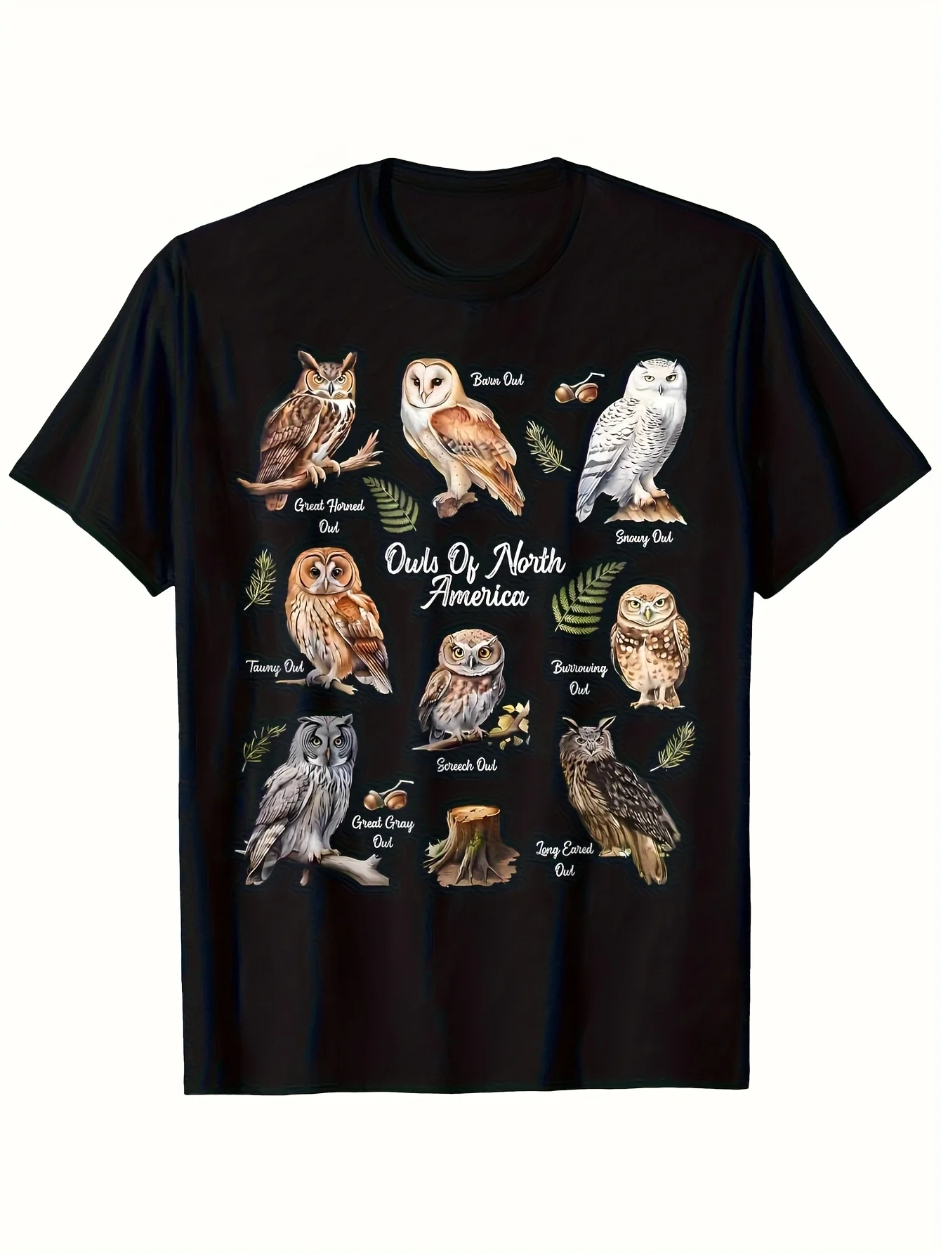 2026 Men'S Black Short-Sleeve T-Shirt Displaying Nine Different Species of North American Owls, Including The Great Grey, Barn,