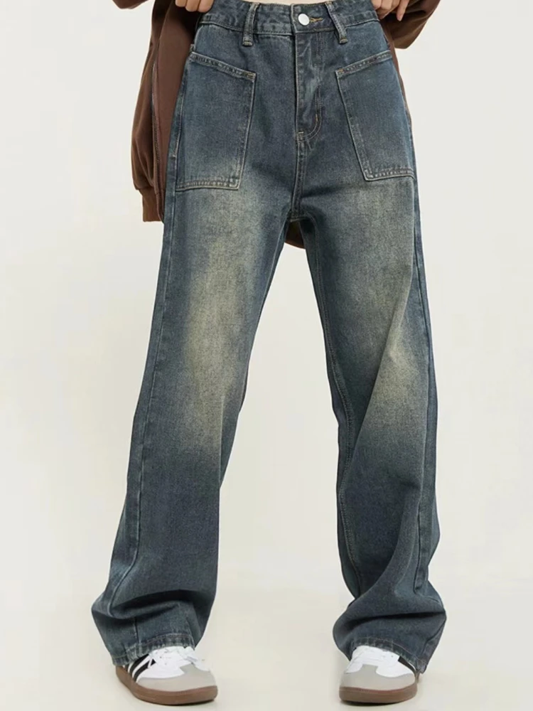 

Mens Jeans Solid Trendy Basic High Street Spring Autumn Straight Retro Patch Pocket Vintage American Style Unisex Popular Washed