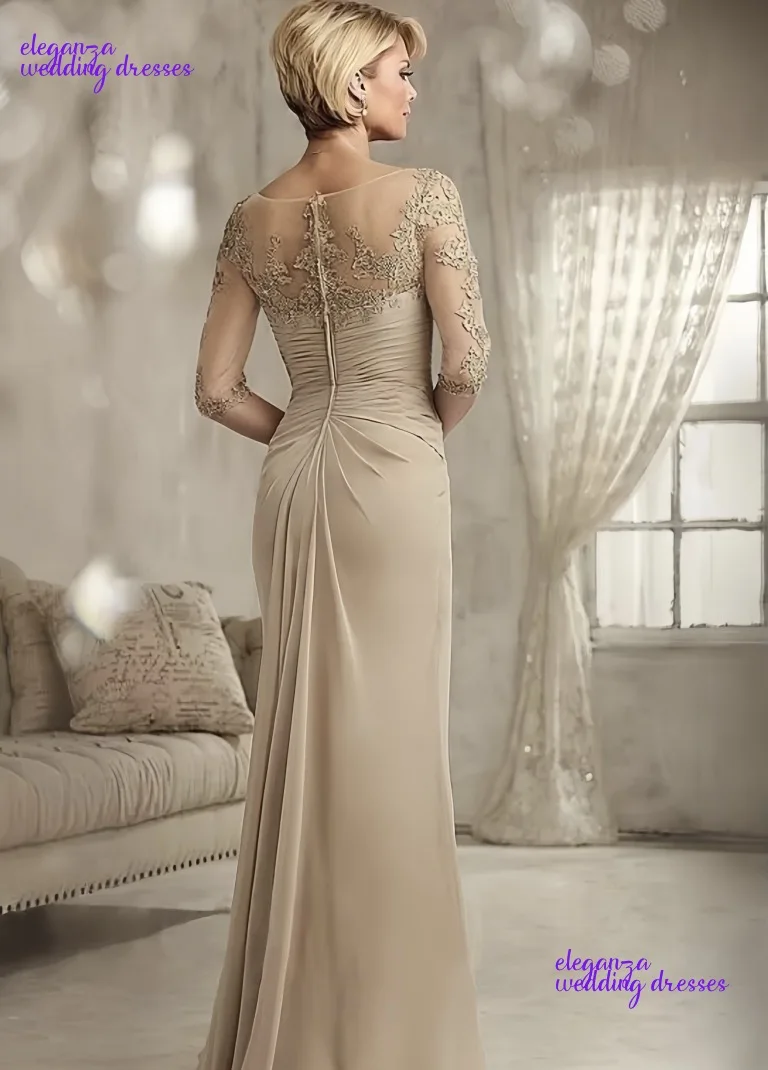 فساتين أم العروس مخصصة من الدانتيل المطرز باللون الشامبانيا مقاس كبير من الشيفون نصف كم فستان سهرة لأم العريس