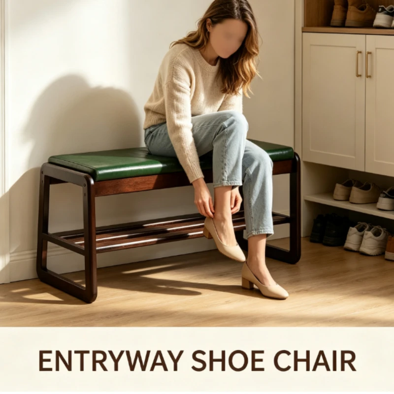 Solid Wood Shoe Bench With Green Leather Cushion And Lower Shelf For Entryway Storage Use