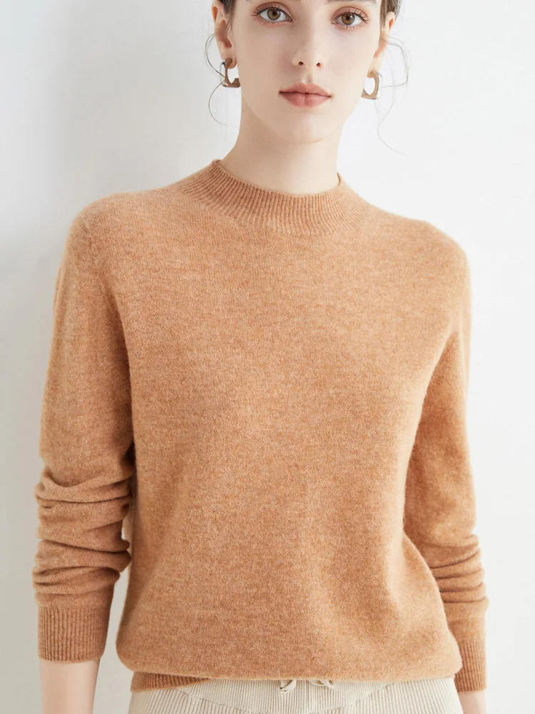 Women's Wool Sweater Mock Neck Long Sleeve Basic Pullover Sweater 100% Merino Wool Knitwear Female Clothes Autumn Winter Top