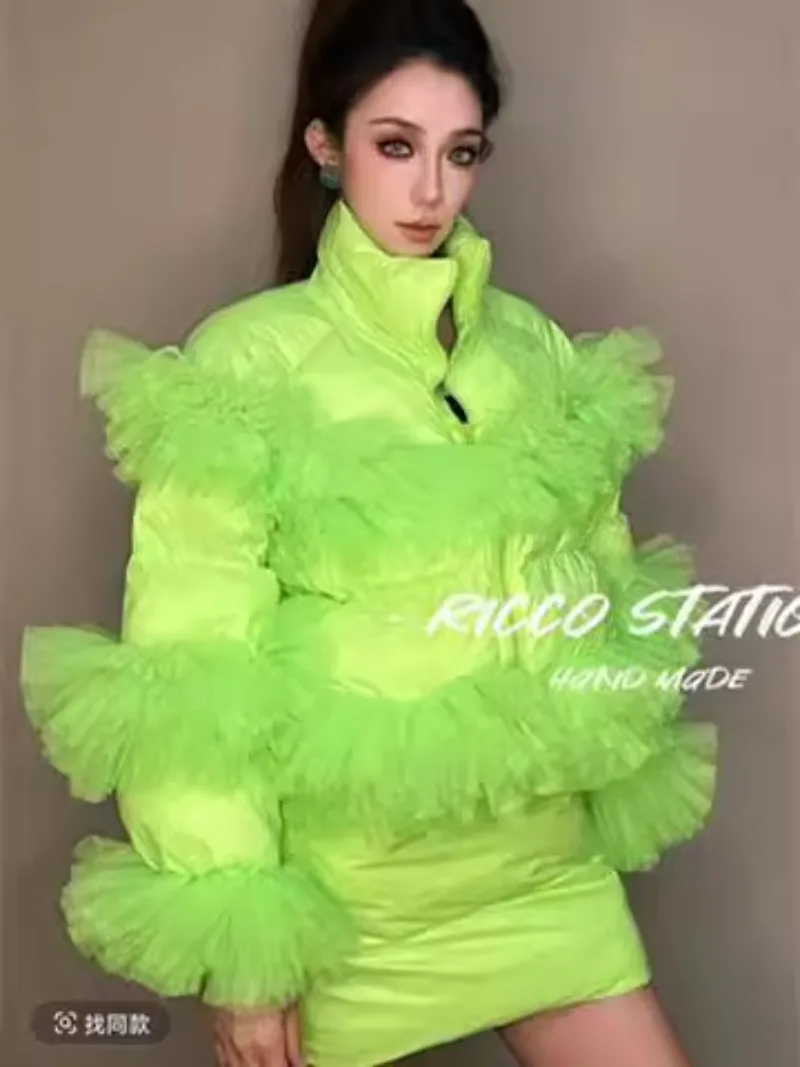 Winter Woman Mesh Spliced Ruffles Cotton Padded Down Coat Stand Collar Gauze Pleated Cotton Quilted Jacket Parkas Cardigan Tops