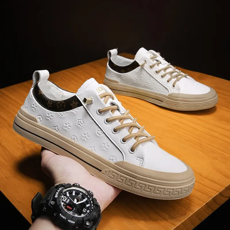 

Versatile Fashionable Trendy Men's Shoes Seasonal Casual Leather Soft Soled White New Sneakers Ice Silk Canvas Footwear