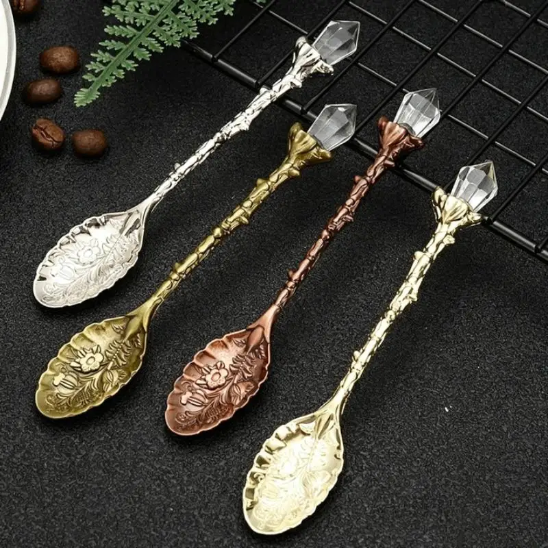 Vintage Leaves Coffee Spoon Crystal Teaspoon Milk Ice Cream Cake Kitchen Tool Accessories