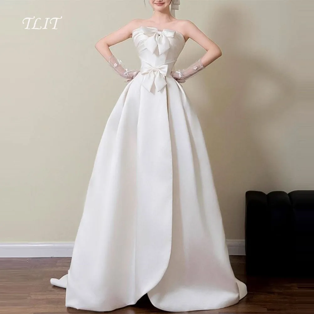 

TLIT Elegant White Silk Satin Evening Dresses Customized Strapless Bow Decoration Prom Gowns Korea Wedding Dresses Photo shoot