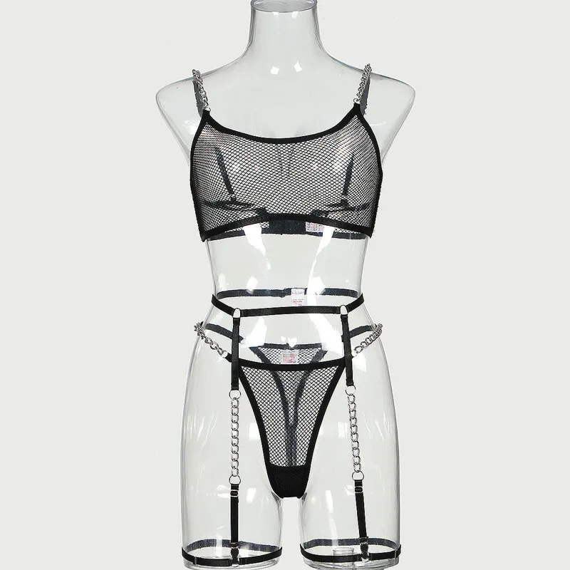 2025 Nuovo set reggiseno estivo Catena a rete trasparente Lingerie sexy Reggicalze Set di quattro pezzi per donna