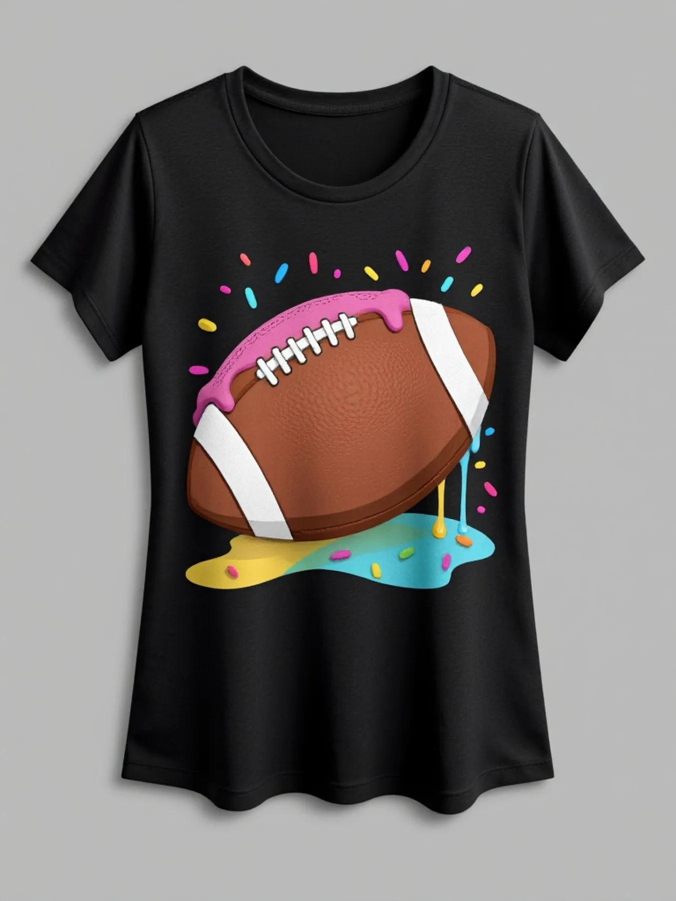 

Men's Black T-Shirt with Football and Donut Design, Football and Sugar Donut Design with Shoelaces and Pink Icing, Casual Short-Sleeve Fan Shirt, Machine Washable, Heat Transfer Printed Top