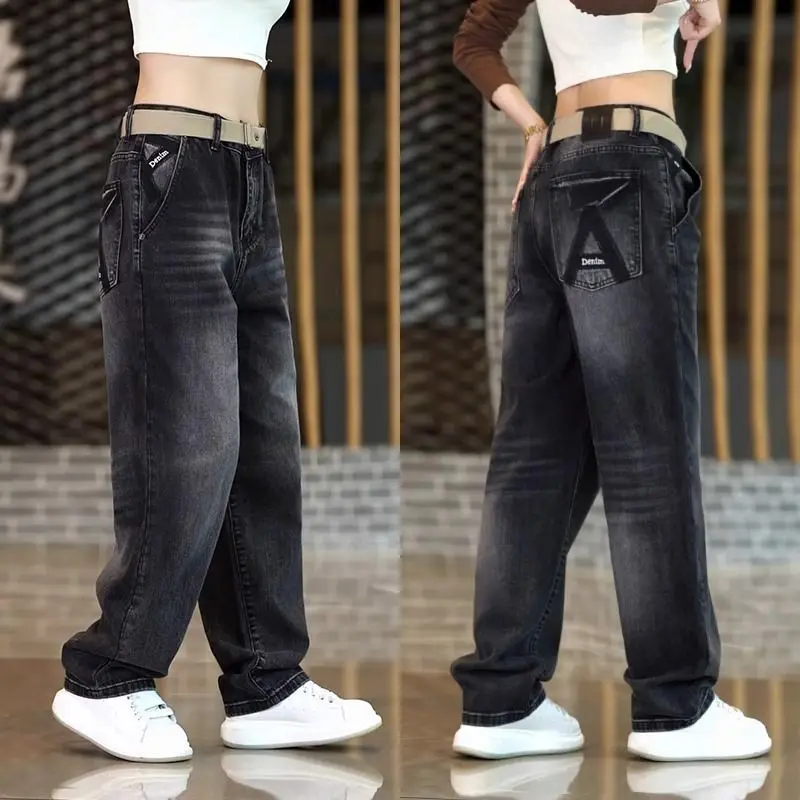 

Washed Black Jeans Men's Trend High Street Embroidered Casual Men's Pants Straight Low Rise Streetwear Men Wide Leg Baggy Jeans