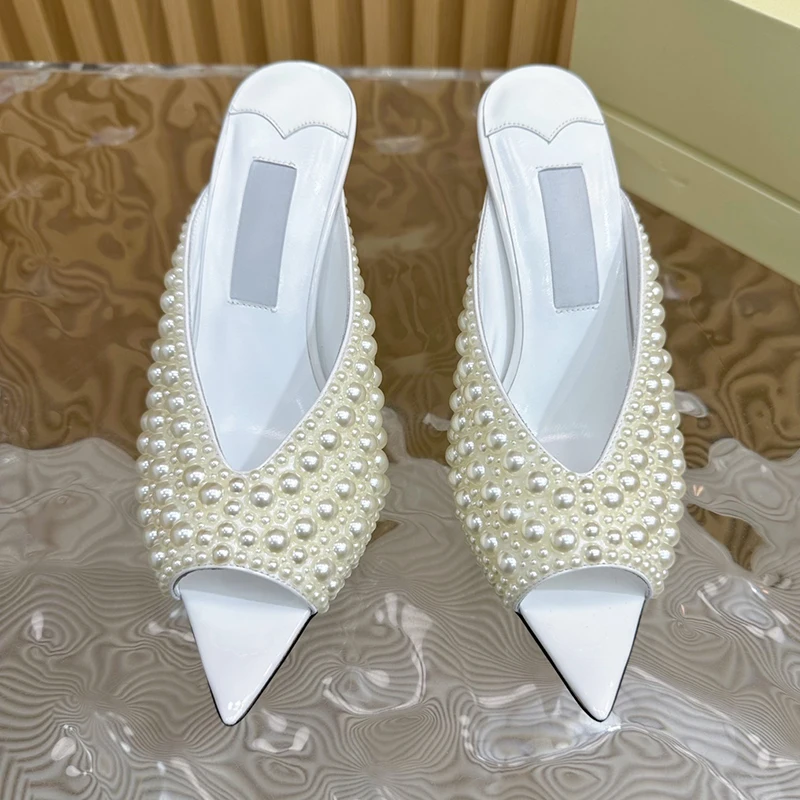 Full Pearl Decor Fairy Shoe Open Pointed Toe High Heel Wearing Slipper for Women Summer Sexy Slim Heel Party Banquet Sandal Shoe